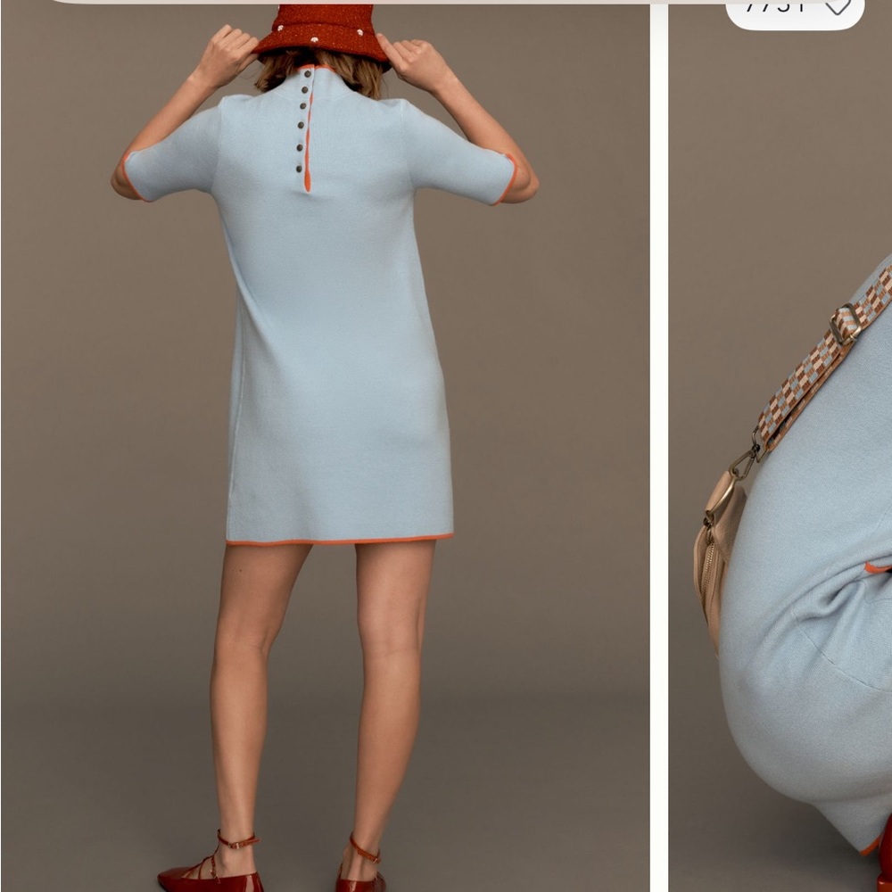 Maeve Anthropologie Light Blue Mock-Neck Dress with Red Orange Accents - Picture 4 of 5